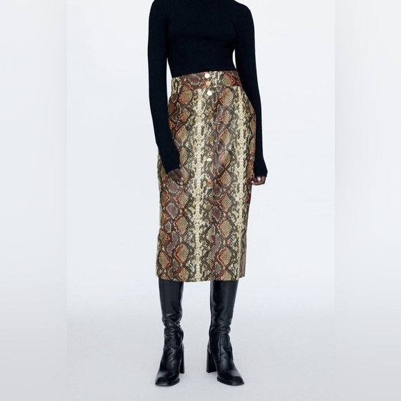 Zara Dresses & Skirts - NWT Zara High Waist Snakeskin Print Skirt Orange Brown Midi Size S Office Baddie